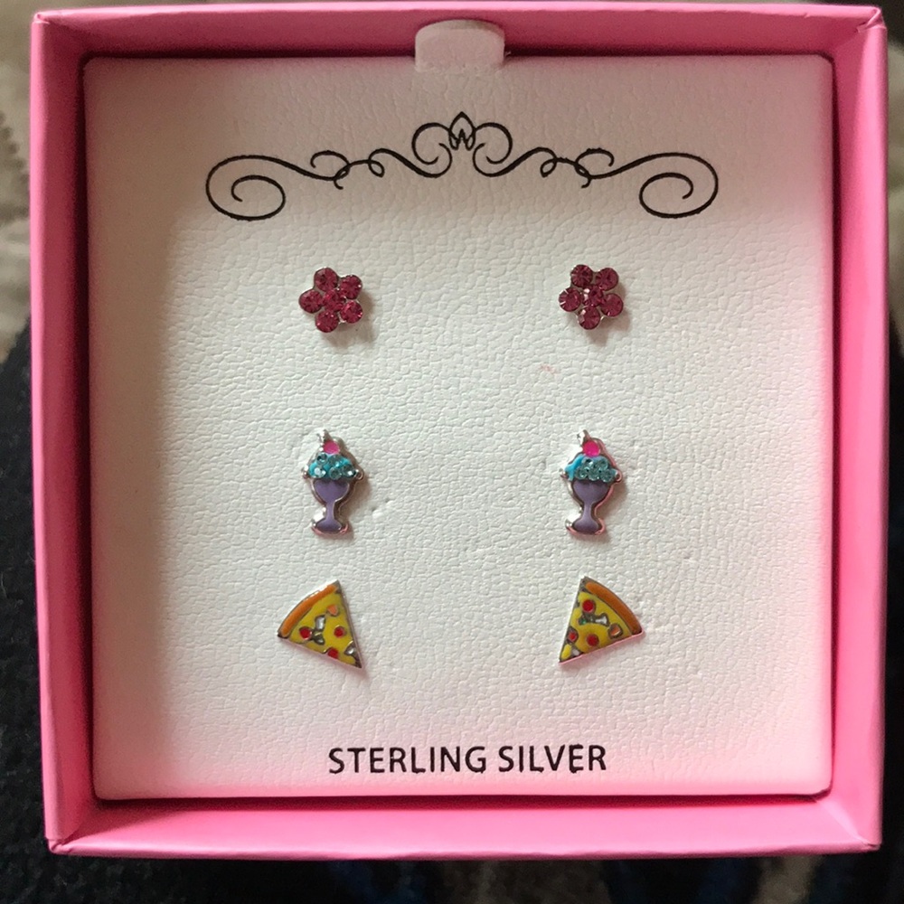 3 Pack Adorable Sterling Silver Earrings 🍕🍦🌺